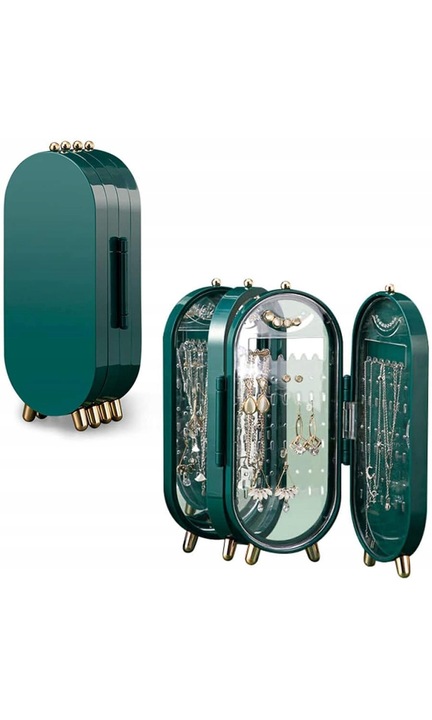 Ékszerrendező, F22, Tükörrel, Összecsukható, 40,7x23,5 cm, Zöld