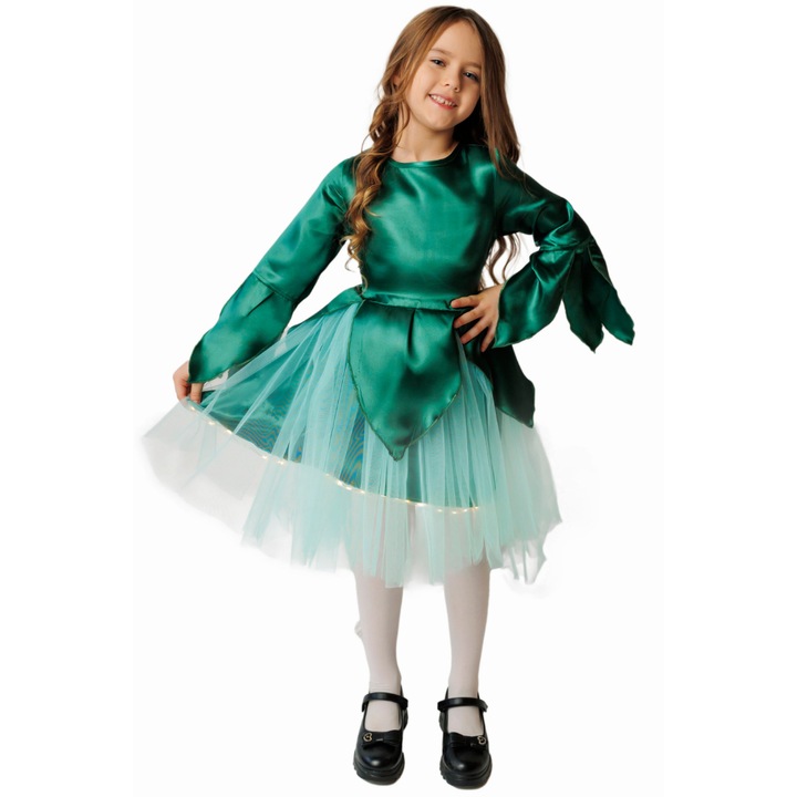 Rochita cu Luminite Zana Primaverii, cu tulle si petale, ideala pentru Serbarea Carnaval, Verde cu Vernil, 5-6 ani