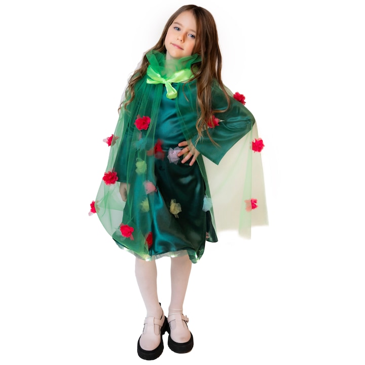 Costum Zana Florilor, 2 piese, Rochita cu floricele si Pelerina din tulle cu floricele fuchisa, ideala pentru Serbarea Carnaval, Verde, 5-6 ani