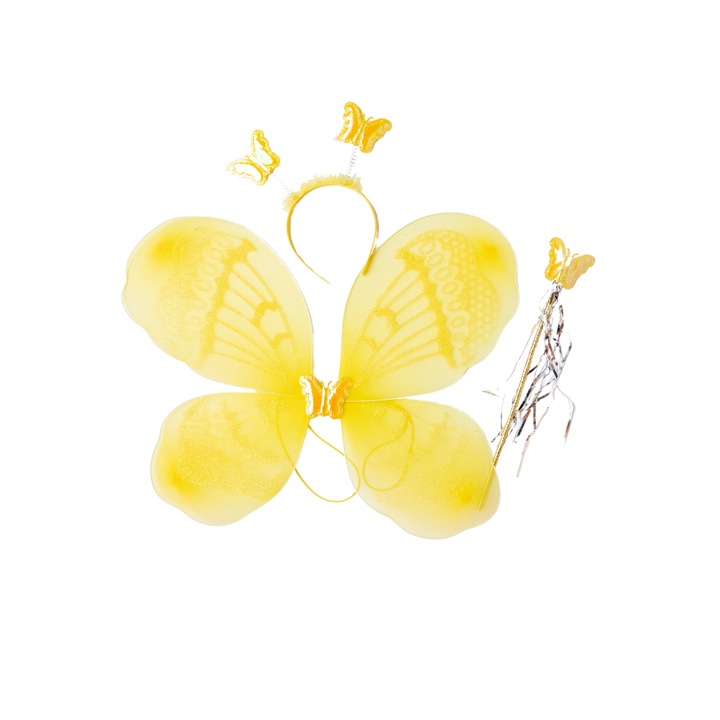 Set Zana magica, 3 piese, Aripi, Bagheta si Bentita, Galben, Marime Universala