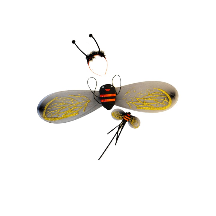 Set Albinuta magica, 3 piese, Aripi, Bagheta si Bentita, Negru-Galben, Marime Universala