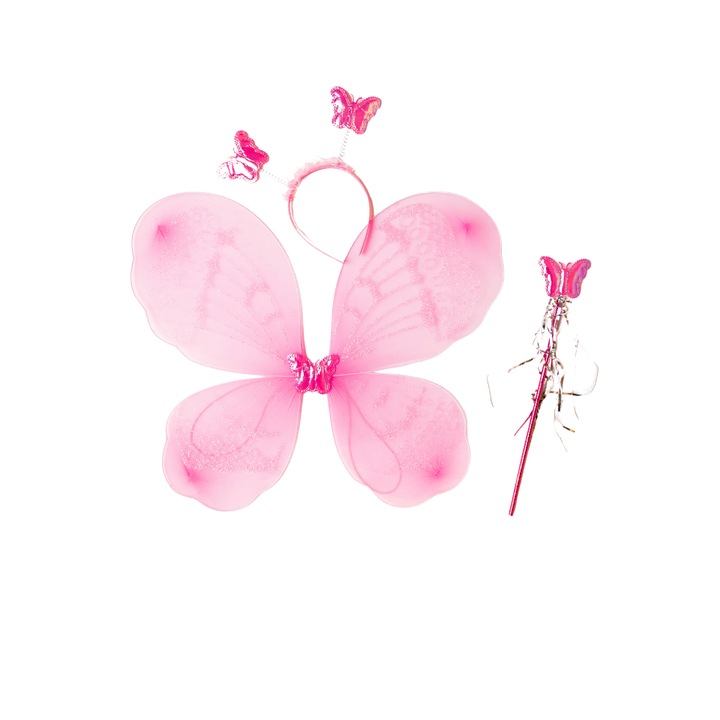 Set Zana magica, 3 piese, Aripi, Bagheta si Bentita, Roz, Marime Universala