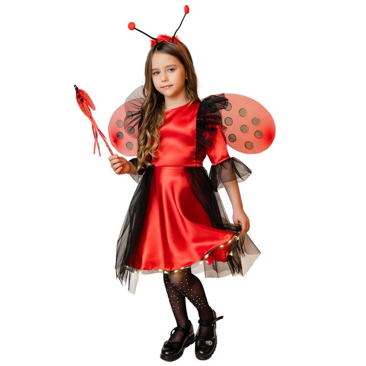 Costum 4 piese de Buburuza, Rochita cu Luminite, Aripi, Bagheta si Bentita cu antene, Rosu cu Negru, 5-6 ani