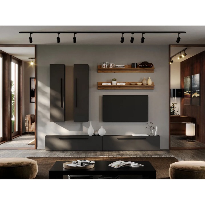 Set Mobila Living, Graphic, C10, Gri Antracit, L 240 x A 25 x H 185 cm