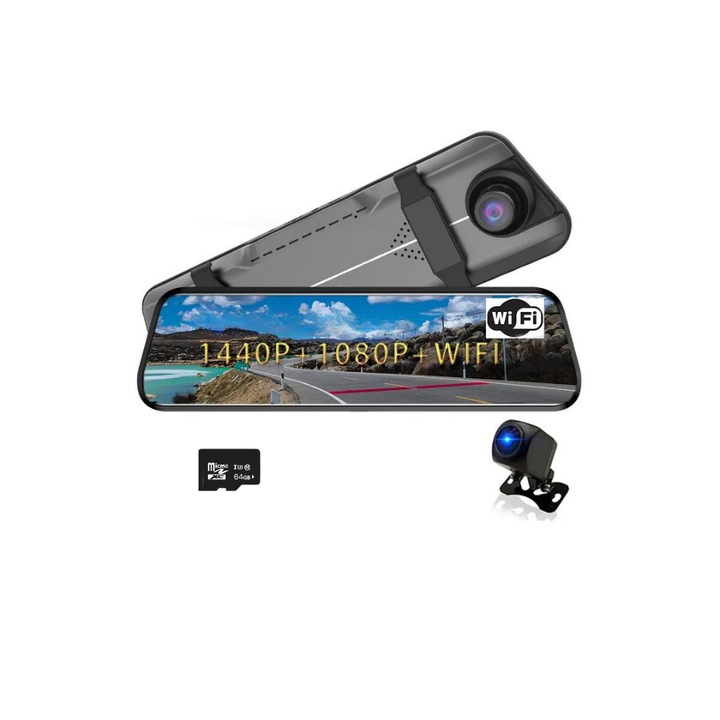 Camera auto DVR, Video, HD 1080P, Camere Fata/Spate, Ecran Tactil, 10 inch, Aplicatie inclusa, Night vision, Senzor miscare, Senzor G, Monitorizare parcare, Inregistrare in bucla, Card memorie de 64GB inclus