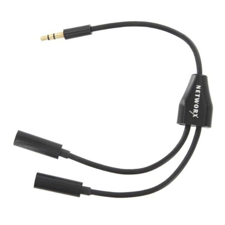Cablu conector audio, splitter, Jack 3.5mm tata la 2xJack 3.5mm mama, 15cm lungime, Negru