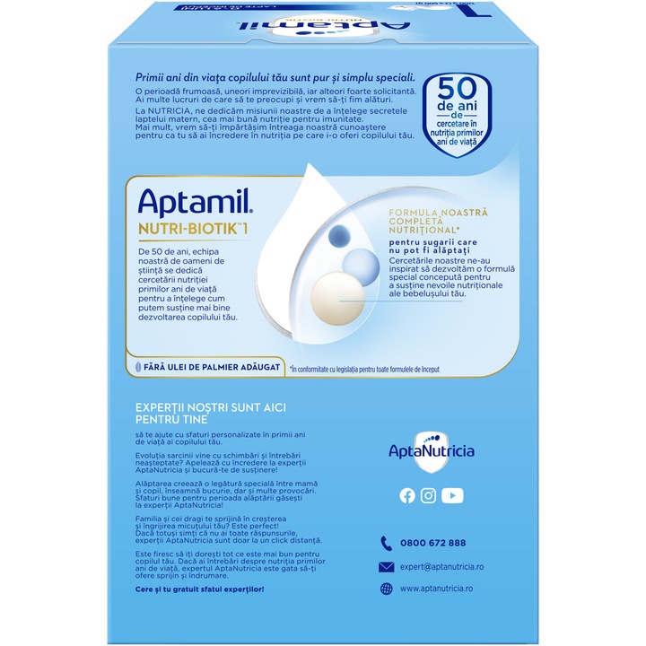 Lapte praf Aptamil NUTRI-BIOTIK 1, 1200 g, 0-6 luni, de la nastere, Nutricia