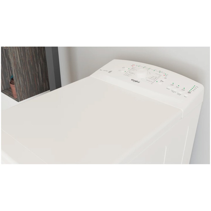 Masina de spalat rufe cu incarcare verticala Whirlpool TDLR 6040L EU/N, 6kg, 1000 rpm, Clasa C, Display LED, Tehnologia Al 6-lea Simt, Alb