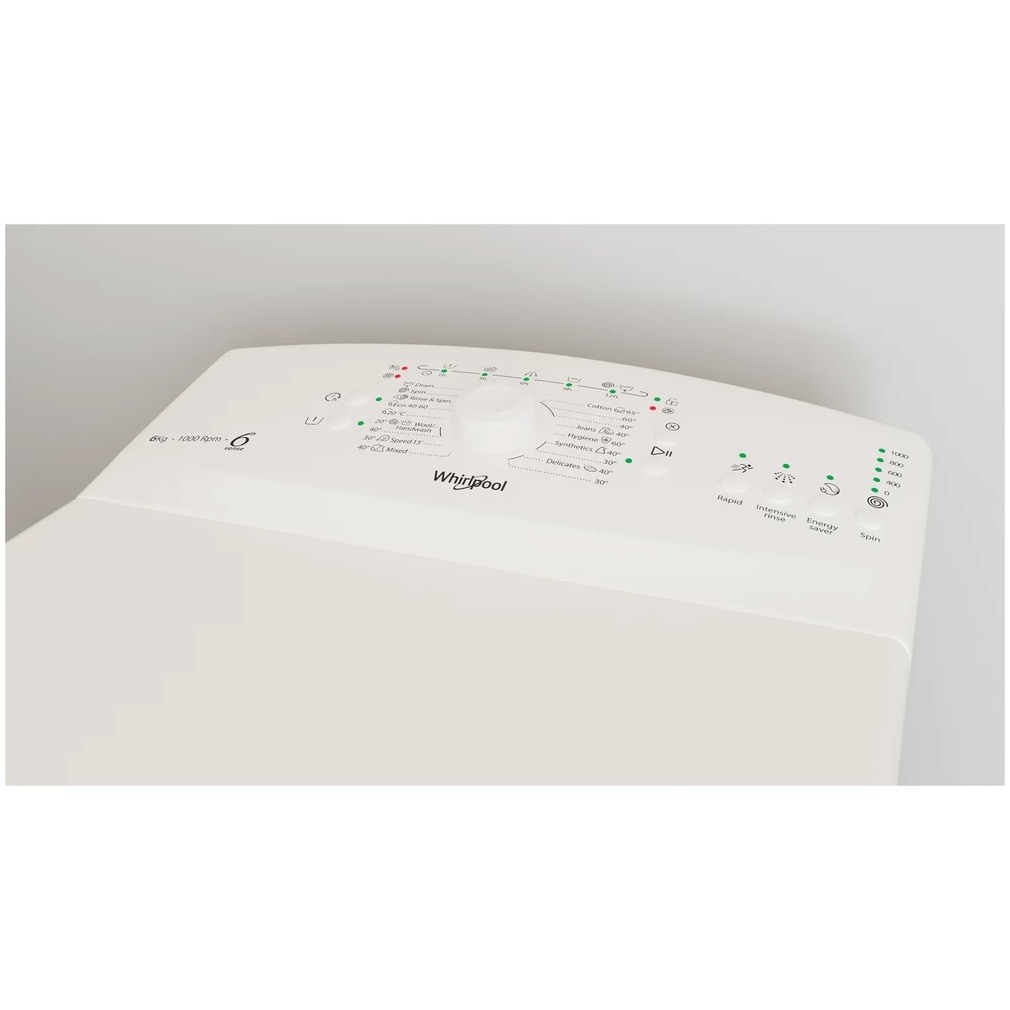 Masina de spalat rufe cu incarcare verticala Whirlpool TDLR 6040L EU/N, 6kg, 1000 rpm, Clasa C, Display LED, Tehnologia Al 6-lea Simt, Alb