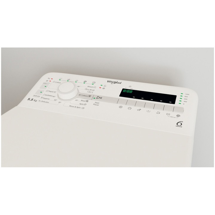 Masina de spalat rufe cu incarcare verticala Whirlpool TDLR 55130S EU, 5.5 kg, 1000 rpm, Clasa D, Display LED, Tehnologia Al 6-lea Simt, Alb
