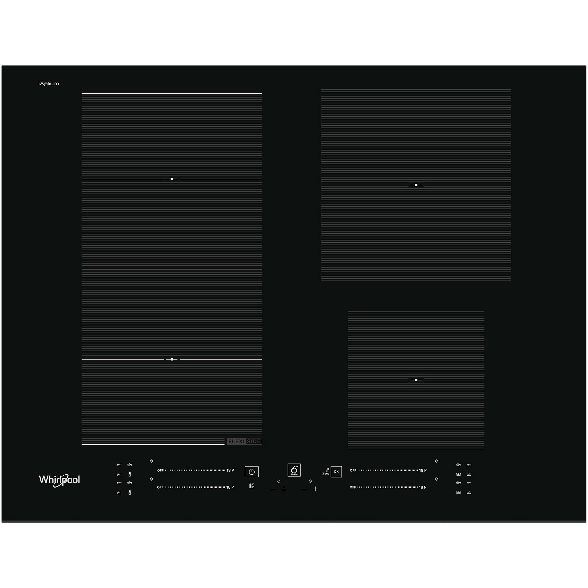 Plita incorporabila Whirlpool WF S9365 BF/IXL, Inductie, 4 zone de gatire, Tehnologia Al 6-lea Simt, Booster, Timer, Blocare acces copii, Power Management, Indicator incalzire rezi