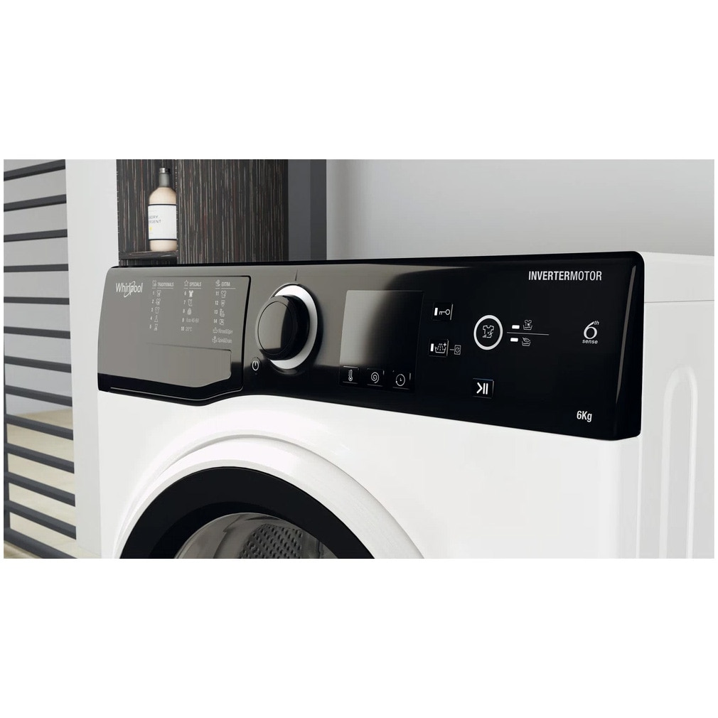 Masina de spalat rufe slim Whirlpool WRBSS 6249 S EU, 6 kg, 1200 rpm, Clasa C, Motor Inverter, Display digital, Alb/Negru