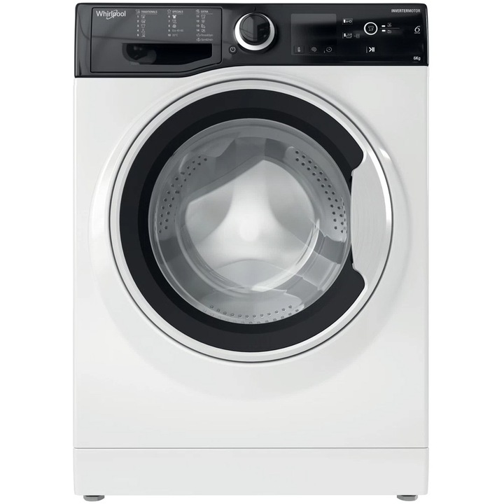 Masina de spalat rufe slim Whirlpool WRBSS 6249 S EU, 6 kg, 1200 rpm, Clasa C, Motor Inverter, Display digital, Alb/Negru