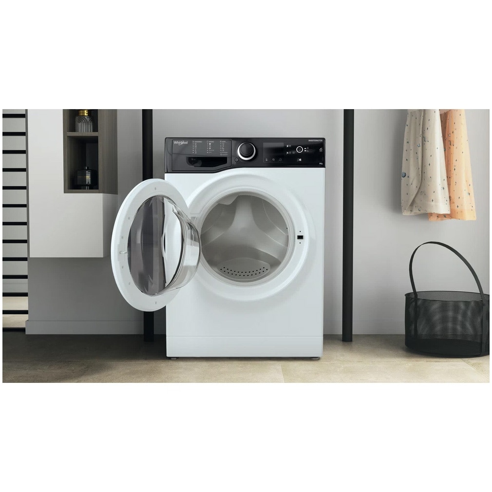 Masina de spalat rufe slim Whirlpool WRBSS 6249 S EU, 6 kg, 1200 rpm, Clasa C, Motor Inverter, Display digital, Alb/Negru