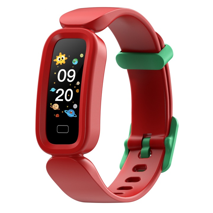Детска фитнес гривна S90, 0,96-инчов TFT сензорен екран, известия за APP, крачкомер, кръвно налягане, оксиметър, заседнал режим, пулс, управление на камерата, IP 68, 16 спортни режима, червен