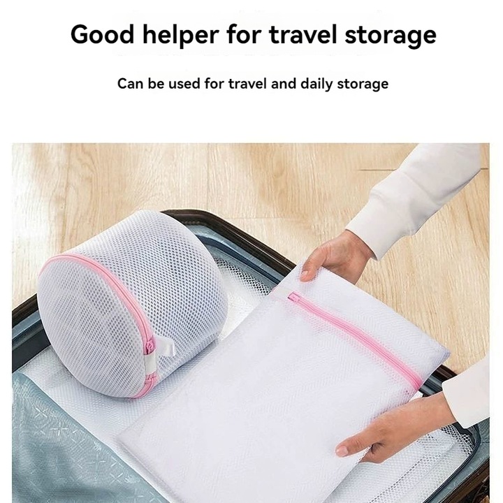 Set 3 Sac spalare rufe, Textil, 40x50 cm, Alb/Roz