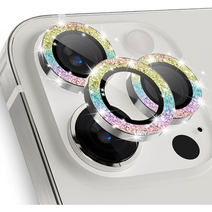 Folie Protectie Camera cu Sclipici pentru iPhone 13 Pro / 13 Pro Max, Sticla Securizata, Aluminiu, 3 bucati, Ultra Slim, Duritate 9H, Anti Zgarieturi, Anti Amprente, Anti Socuri, Multicolor