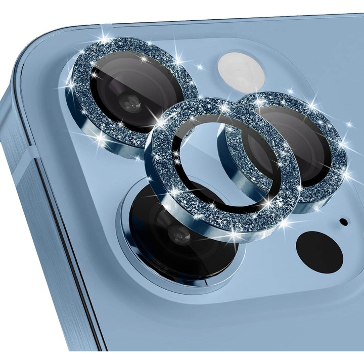 Folie Protectie Camera cu Sclipici pentru iPhone 15 Pro / 15 Pro Max, Sticla Securizata, Aluminiu, 3 bucati, Ultra Slim, Duritate 9H, Anti Zgarieturi, Anti Amprente, Anti Socuri, Albastru
