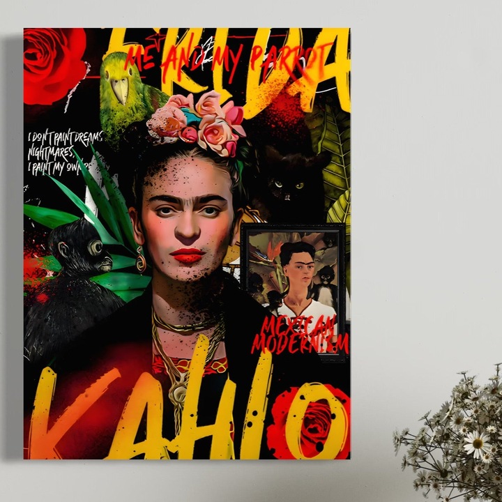 Tablou Canvas Premium, LuxCanva® C1130, Frida Kahlo The Artist, 85 X 110 CM, Panza Bumbac 100% 400g/m2, Sasiu Lemn, Culori, Painter, Women, Pop Art, Living Room, Dining Room, Relaxare, Culori Vibrante