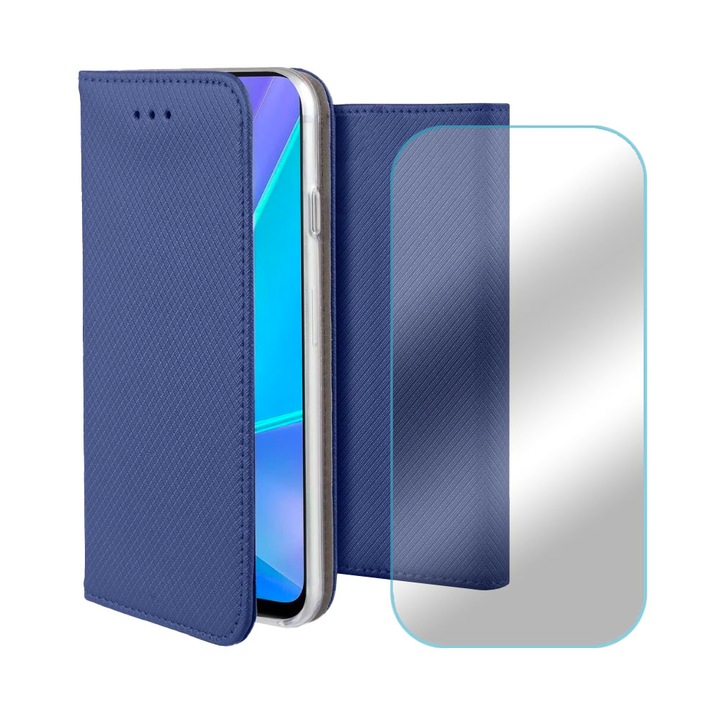 Комплект 2.5D защитно стъклено фолио и текстуриран кожен капак за Nokia 8.1 Plus, джоб за карта, функция стойка, магнитно затваряне, дисплей и заден капак, 360 пълно покритие, син