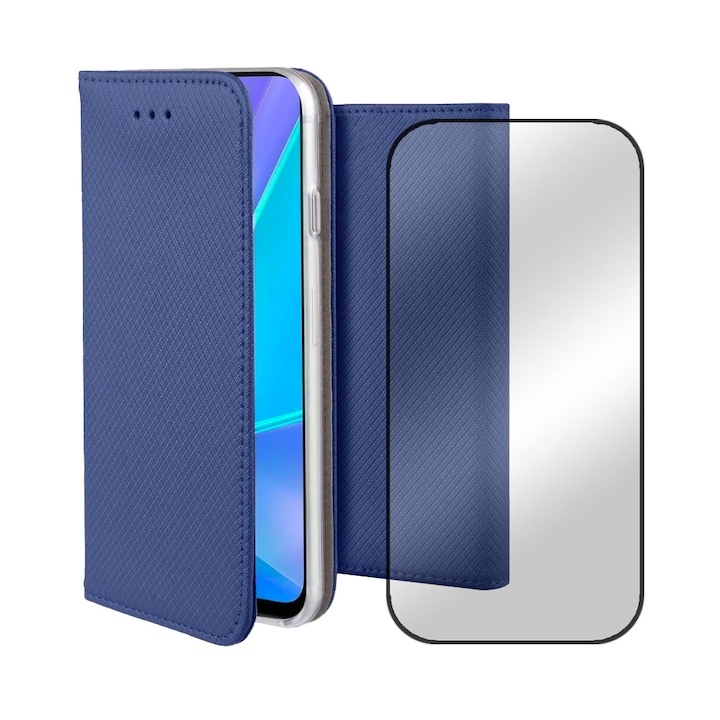 5D Secure üvegfólia és texturált bőr kihajtható tok Huawei Y6s / Y6 Prime 2019 készülékhez, kártyatartó zseb, fekete élek, állvány funkció, mágneses záródás, kijelző és hátlap, 360 fokos teljes fedél, kék
