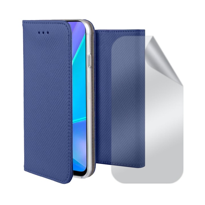 Комплект прозрачно регенерируемо хидрогелно фолио и текстуриран кожен флип калъф за Sony Xperia 1 II, джоб за карта, висока прозрачност, функция на стойка, магнитно затваряне, дисплей и заден капак, 360 пълно покритие, син