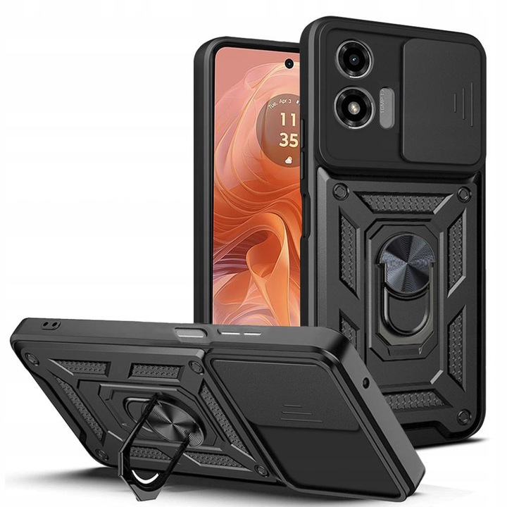 Калъф за телефон, съвместим с Motorola Moto G04 / Moto G24, здрав щит LensProtect, Anti-Shock, плъзгащ се капак за фотоапарати, защита на обектива, пълно покритие, пръстен за ръкохватка, магнит, черен