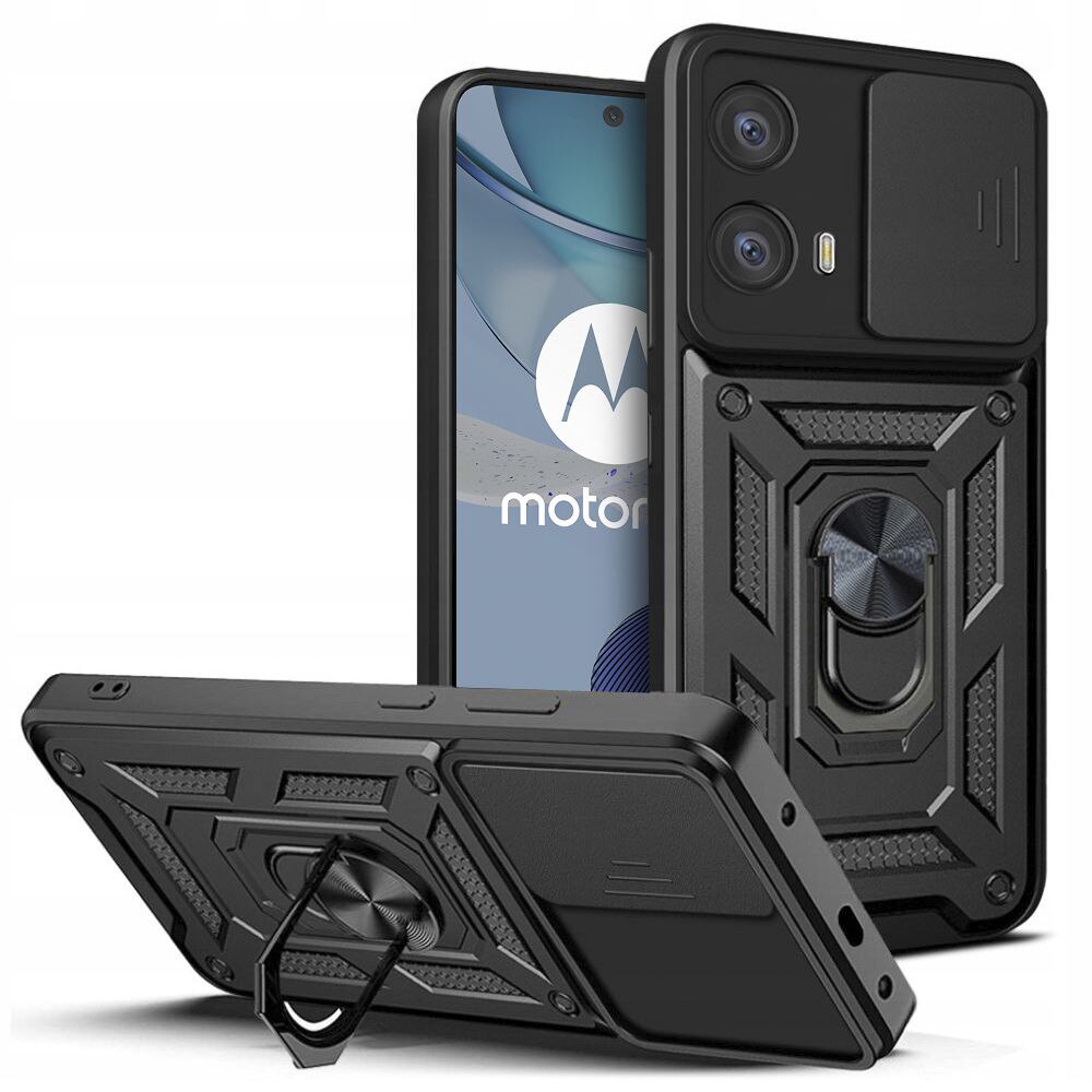 Калъф за телефон, Съвместим с Motorola Moto G73, Rugged Shield LensProtect,  Anti-Shock, Плъзгащ се капак за фотоапарати, Защита на обектива, Пълно  покритие, Задържащ пръстен, Магнит, Черен - eMAG.bg