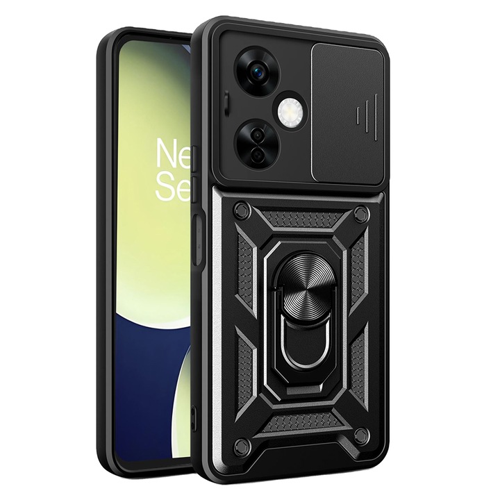 Калъф за телефон, съвместим с OnePlus Nord CE 3 Lite, Rugged Shield LensProtect, Anti-shock, Плъзгащ се капак за камери, Защита на обектива, Пълно покритие, Задържащ пръстен, Магнит, Черен