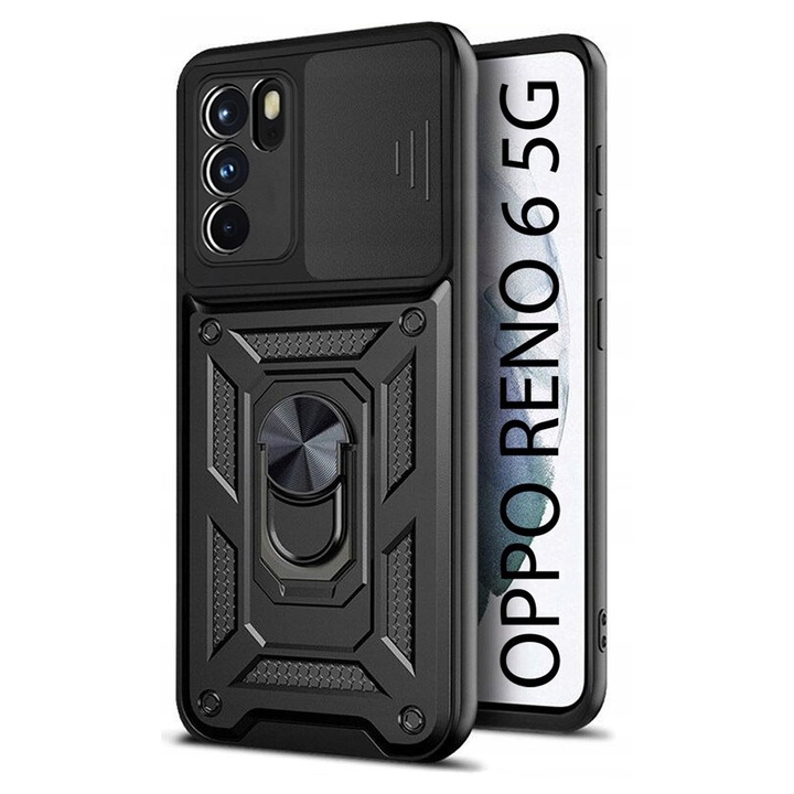 Калъф за телефон, съвместим с Oppo Reno 6 5G, Rugged Shield LensProtect, Anti-shock, Плъзгащ се капак за камери, Защита на обектива, Пълно покритие, Задържащ пръстен, Магнит, Черен