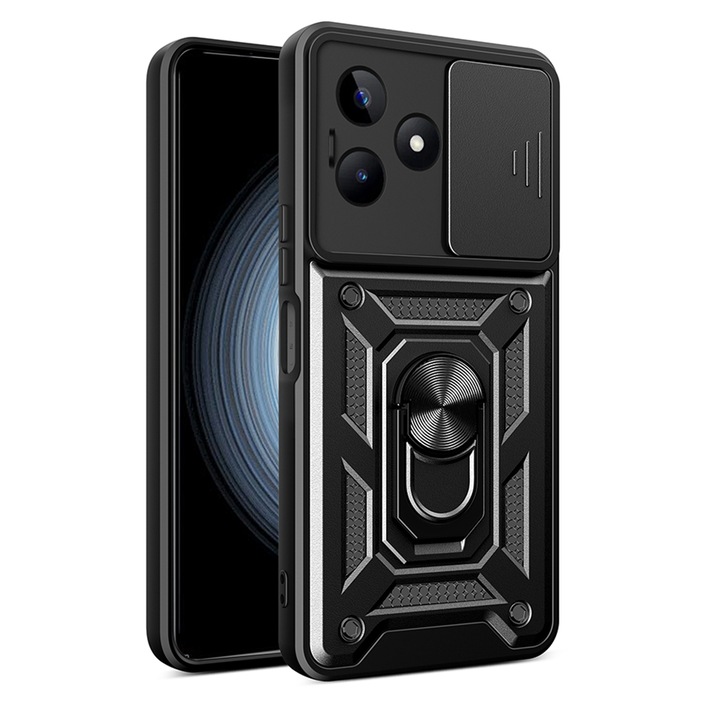 Калъф за телефон, съвместим с Realme C53, Rugged Shield LensProtect, Anti-shock, Плъзгащ се капак за камери, Защита на обектива, Пълно покритие, Пръстен с клипс, Магнит, Черен