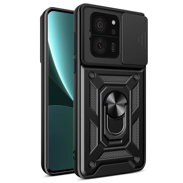 Telefontok, kompatibilis a Xiaomi 13T / 13T Pro-val, Rugged Shield LensProtect, Ütésálló, Csúszó fedél kamerákhoz, Lencsevédelem, Teljes lefedettség, Tartógyűrű, Mágnes, Fekete