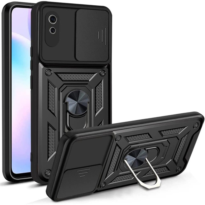 Калъф за телефон, съвместим с Xiaomi Redmi 9A / 9AT, Rugged Shield LensProtect, Anti-shock, Плъзгащ се капак за камери, Защита на обектива, Пълно покритие, Пръстен с щипка, Магнит, Черен