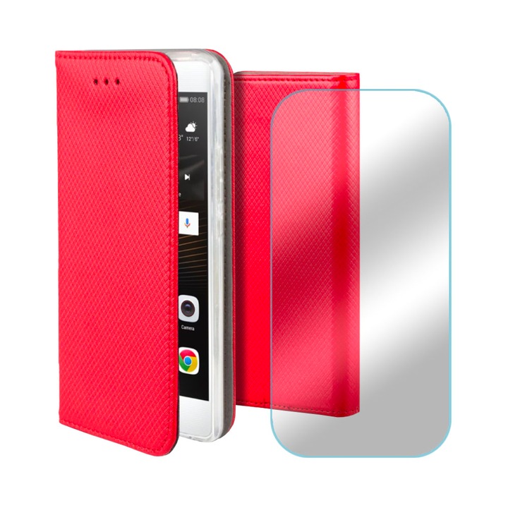 Комплект от 2.5D защитено стъклено фолио и текстуриран кожен флип калъф за Samsung Galaxy S5, джоб за карта, функция стойка, магнитно затваряне, дисплей и заден капак, 360 пълно покритие, червен