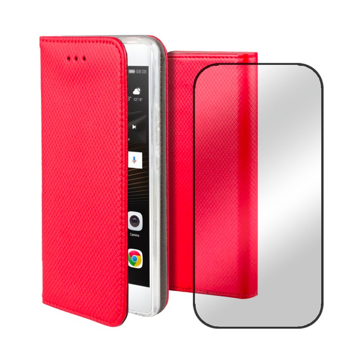 Комплект от 5D защитно стъклено фолио и текстуриран кожен флип калъф за Realme 9i 4g / Oppo A96 4g, джоб за карти, черни ръбове, функция на стойка, магнитно затваряне, дисплей и заден капак, 360 пълно покритие, червен