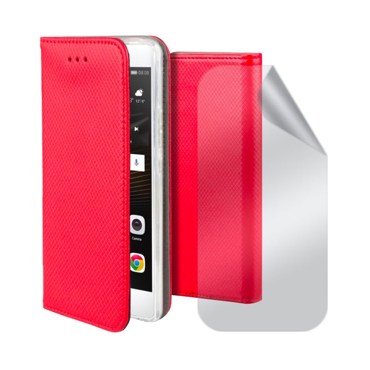 Комплект самовъзстановяващ се Clear протектор от хидрогел и текстуриран кожен флип калъф, за Xiaomi Redmi Note 12 Pro 4g / Note 11 Pro 4g / 5g, джоб за карти, висока прозрачност, функция на стойка, магнитно затваряне, Червен