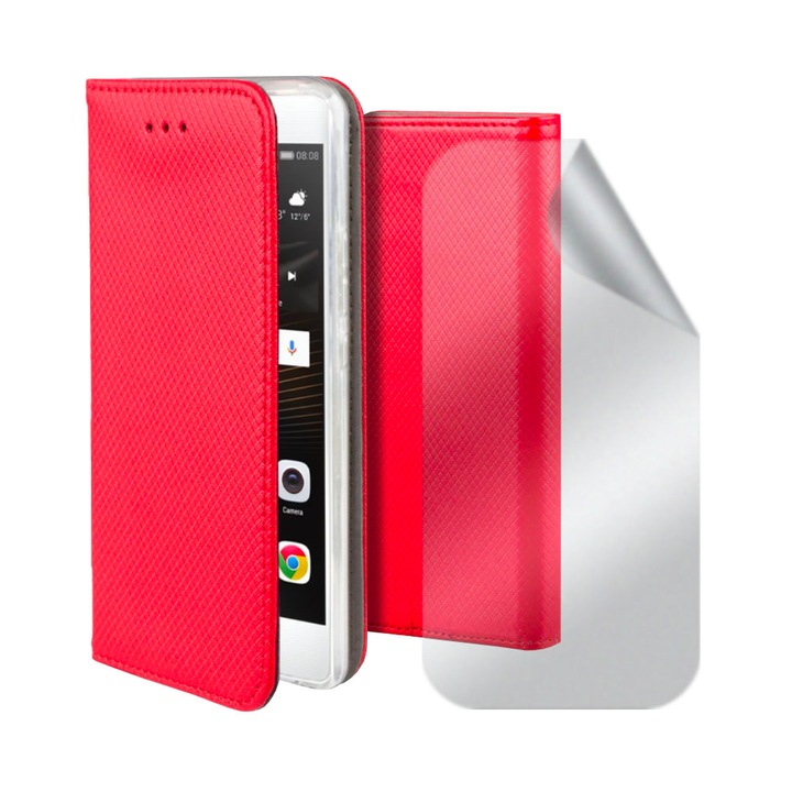 Комплект матово регенерируемо хидрогелно фолио и текстуриран кожен флип калъф за Sony Xperia 1 II, джоб за карта, защита срещу пръстови отпечатъци, функция на стойка, магнитно затваряне, дисплей и заден капак, 360 пълно покритие, червен, ОПТИМАЛНО РЕШЕНИЕ