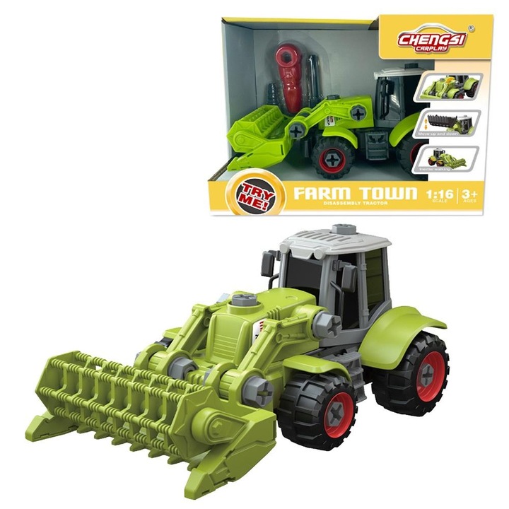 Set de constructie Askato, tractor cu masina agricola, surubelnita inclusa, 23x14x12cm