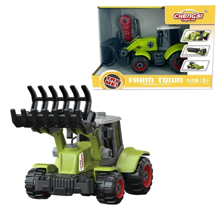 Играчка строителна машина, Askato, трактор с лопата, пластмаса, зелено/черно, 22x14x12cm