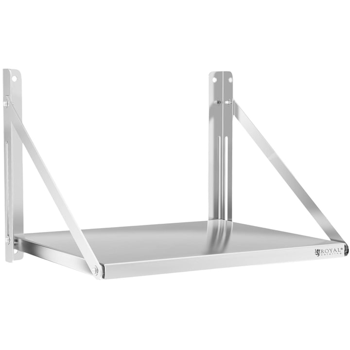 Összecsukható fali polc, Royal Catering, Rozsdamentes acél, 40 kg, 60 x 45 cm, Ezüst