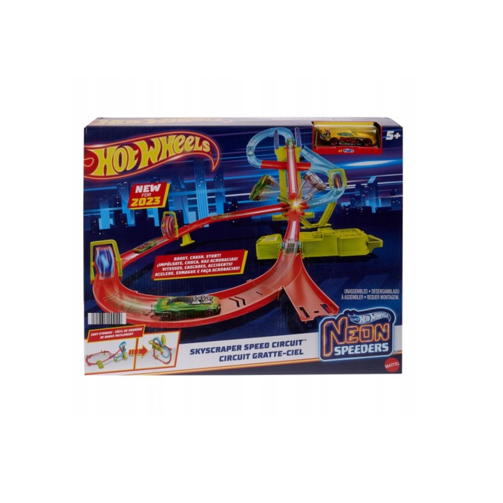 Set masinuta + pista, Hot Wheels Super Race Neon Speeders, Plastic, Multicolor