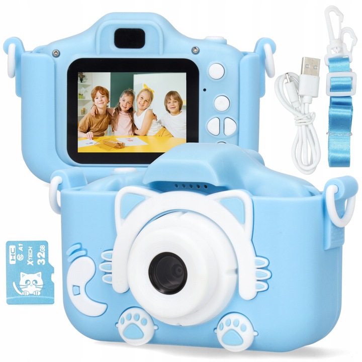 Цифров фотоапарат за деца Xtech, Full HD, 12MP, силиконов калъф, син, 32GB