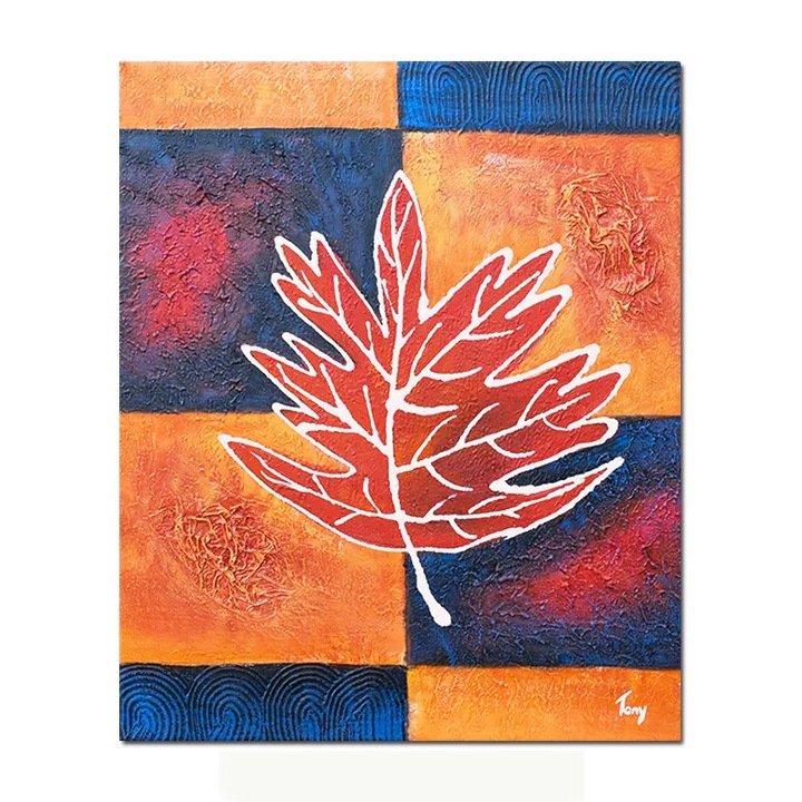 Tablou abstract pictat manual, Frunza de artar 2, 60x50cm ulei panza in relief efect 3D, gata de expus pe perete