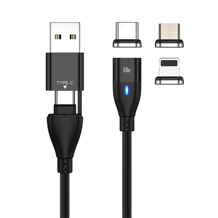 Mobiltelefon töltőkészlet, 3 töltő interfész, Vaxiuja, 6 az 1-ben, 60W, 2m, Fekete
