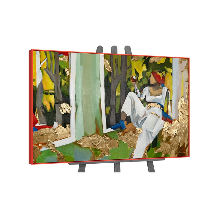 Tablou pictat manual, acrilic pe panza, Inspiratie, cu rama in Rosu, 120x80 cm