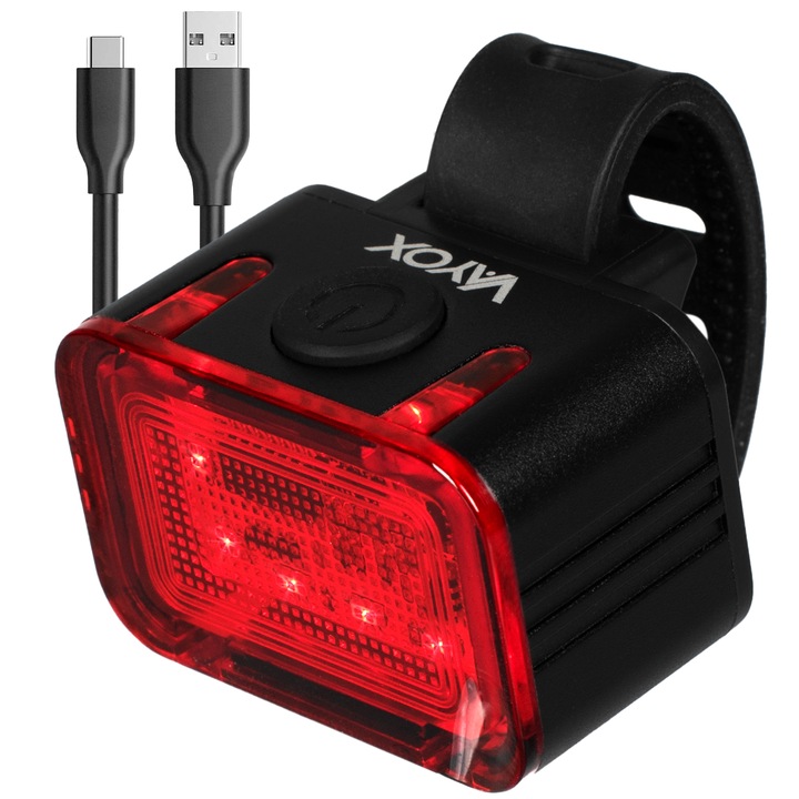 Vayox VA0152 LED kerékpár lámpa, 8x 351B forrás, 900 lumen, alumínium, hátsó rögzítőcsipesz, 10 világítási mód, USB-C töltés, IPX6 vízállóság, vezeték nélküli, fekete