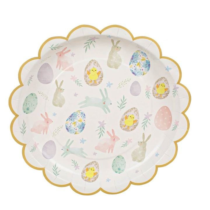 Комплект 6 бели картонени чинии Shopiens® с великденски мотив, зайчета и яйца, боядисани в пастелни цветове, 25 см