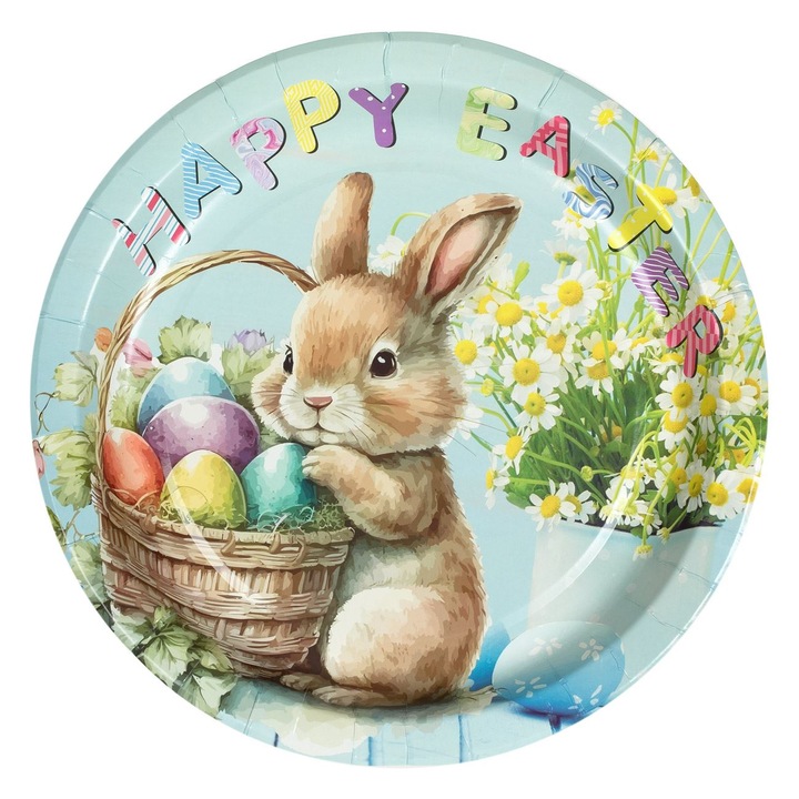 Set 6 farfurii de carton Shopiens® cu tema iepuras si cosulet cu oua pictate si mesaj "Happy Easter", 23 cm