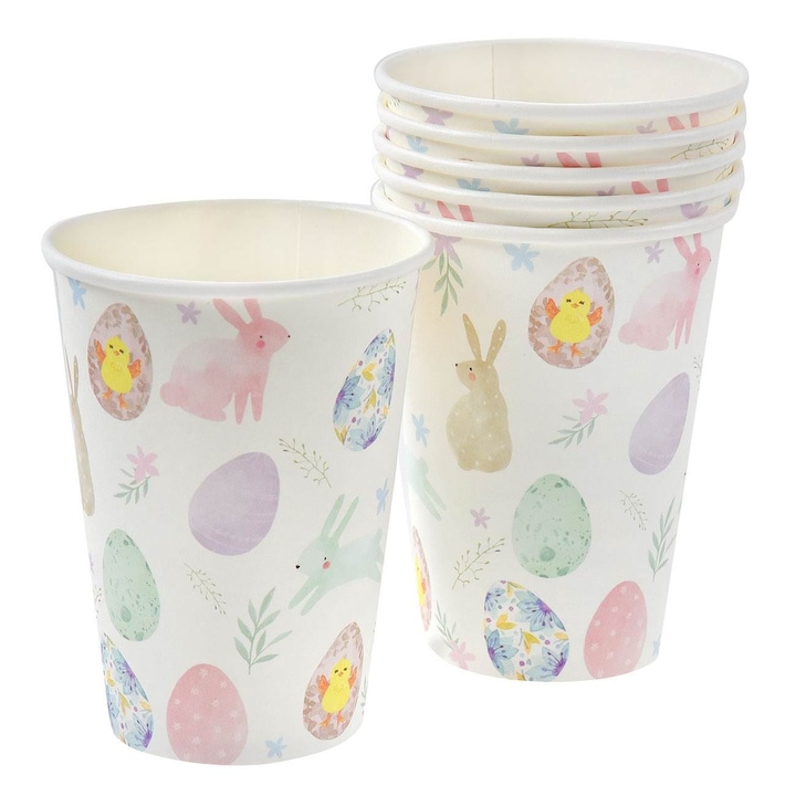 Set 6 pahare albe de carton Shopiens® cu design iepuras de Paste si oua pictate in culori pastel, 270 ml