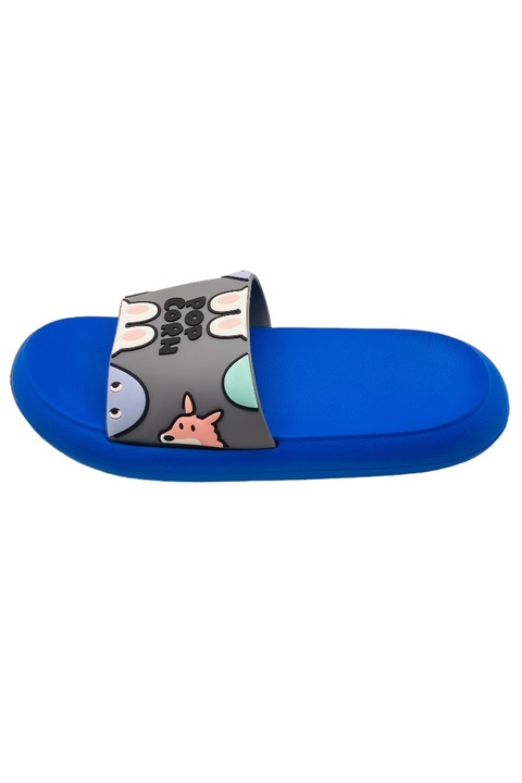 Papuci de plaja sau piscina pentru barbati, Tecos, talpa comoda si imprimeu funny, Albastru, 40-41